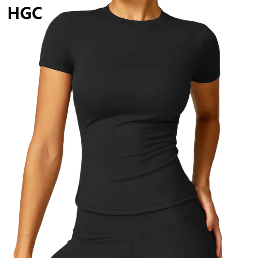 HGC Women's Sports T Shirt Summer Short Sleeve Running Round Neck Breathable Stretchy GYM Yoga Slim Fitness Active Top Tee