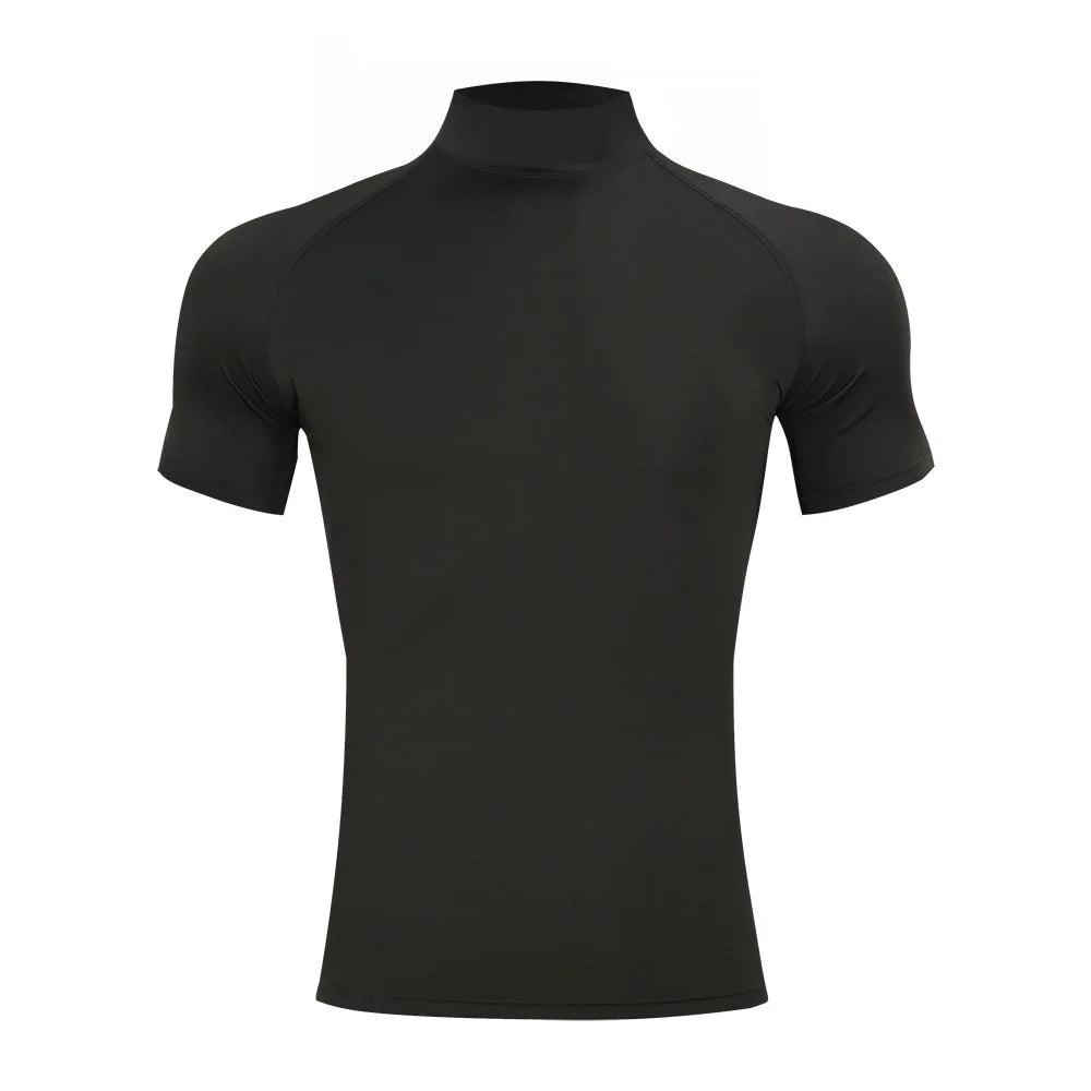 Mens Bodybuilding Sports Tight T-shirt Summer Compression Turtleneck Short Sleeve Gym Fitness Quick Dry Running Male Workout Top