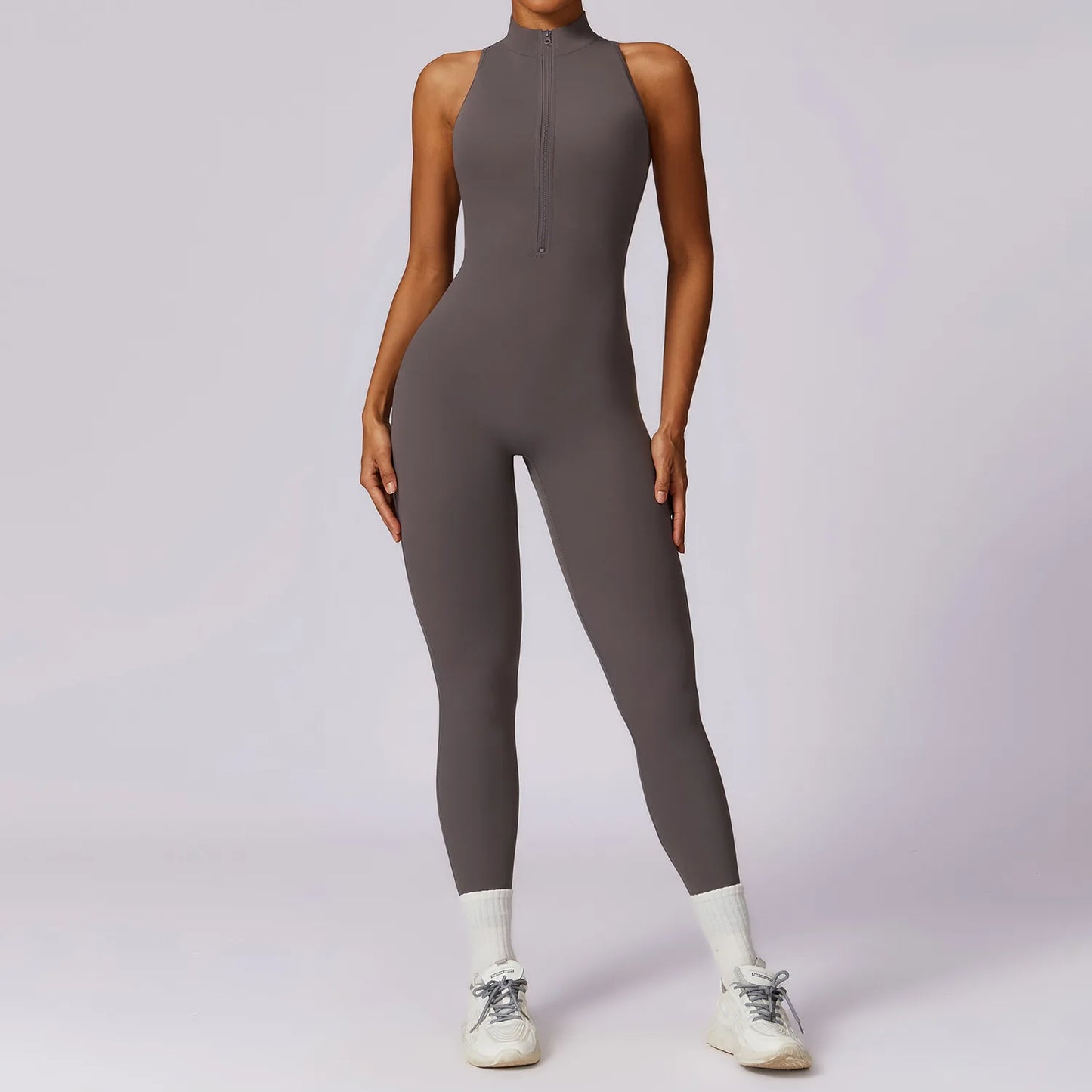 V Back One-piece Suit Women Sports Jumpsuit Zippers Yoga Rompers Backless Sportswear Women Sleeveles Workout Bodysuits Female