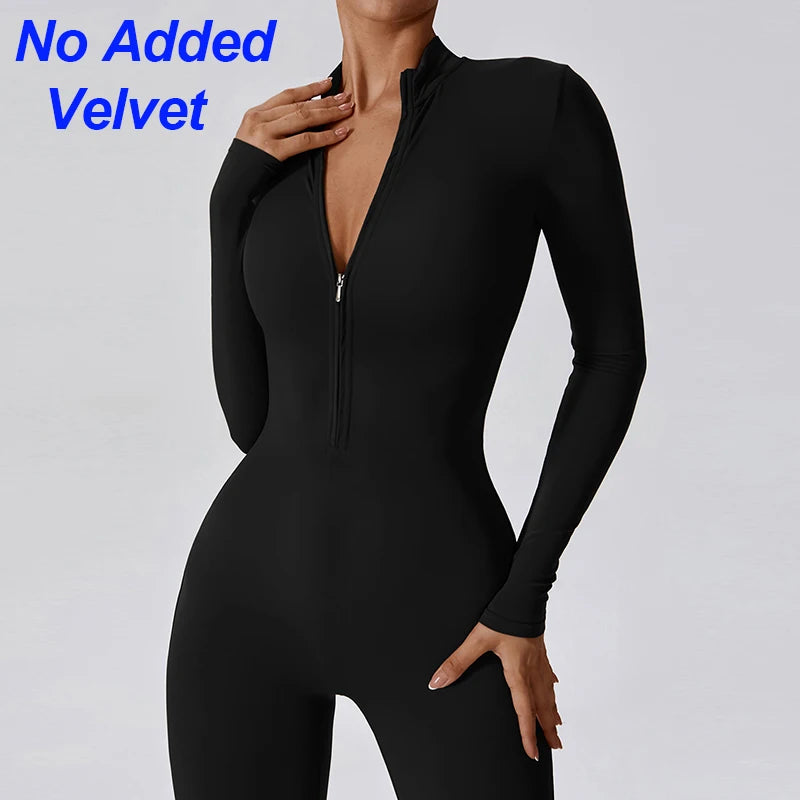 Warm Thin Fleece Jumpsuits Women's Tracksuit Winter One-Piece Sports Suit Black Fitness Jumpsuit Long Sleeves Workout Bodysuit