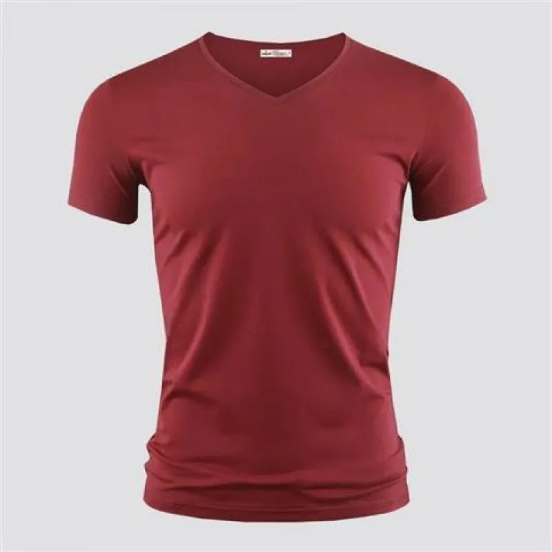 2025 Men's T Shirt Pure Color V Collar Short Sleeved Tops Tees Men T-Shirt Black Tights Man T-Shirts Fitness For Male Clothes