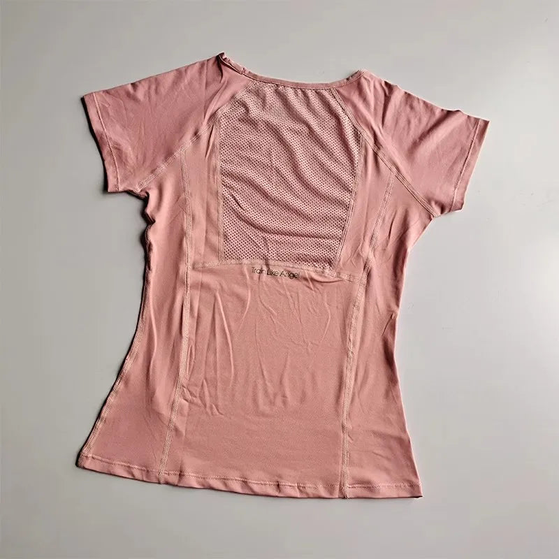 Women's sports and fitness short sleeved shirt, round neck pullover, mesh breathable quick drying yoga and fitness T-shirt