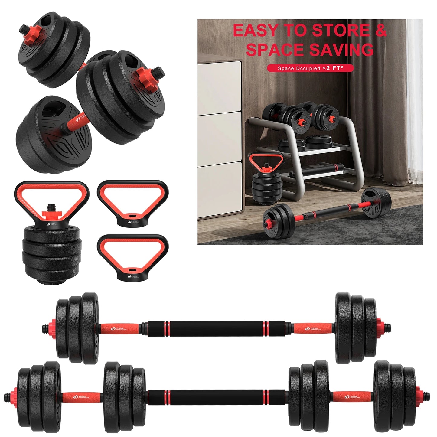 3-in-1 Dumbbells Set 20 kg Adjustable Dumbbells with Extra Barbell Bar Plastic-Coated Weight Plates Fitness Exercise Home Gym