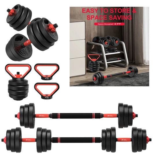 3-in-1 Dumbbells Set 20 kg Adjustable Dumbbells with Extra Barbell Bar Plastic-Coated Weight Plates Fitness Exercise Home Gym