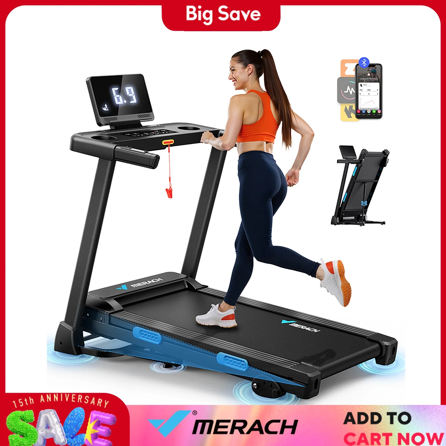 MERACH Foldable Treadmill T12 Incline 0.8-12km/H Walking Pad Save Space LED Display APP Heart Rate Monitoring 16.5" Wider Belt