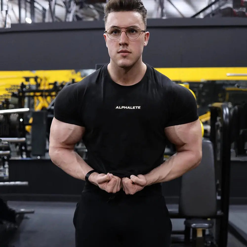 Gym Cotton T-shirt Men Fitness Workout Slim Short Sleeve Shirt Male Bodybuilding Sport Training Tee Tops Summer Casual Clothing