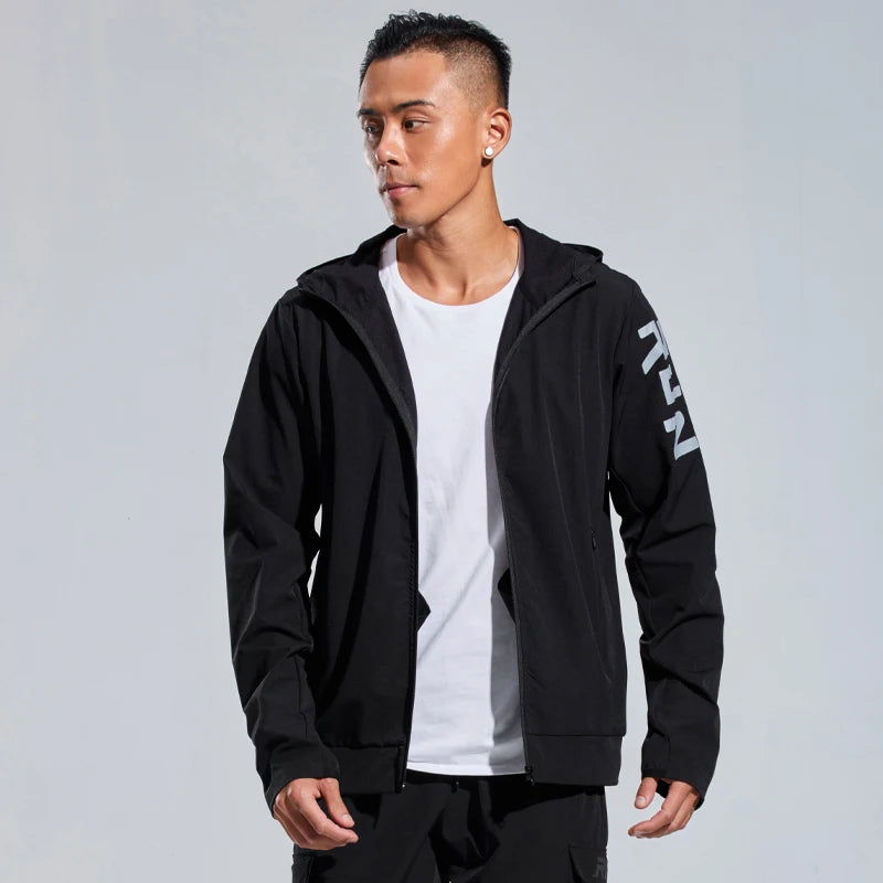 Mens Casual Jacket Sports Zipper Solid Printing Run Hooded Outdoor Fitness Training Long Sleeves Man Streetwear Fashion Coat
