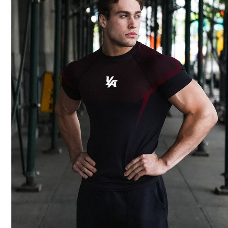 YOUNGLA's new American style running, sports and casual short-sleeved T-shirt for training and fitness, quick-drying, elastic an