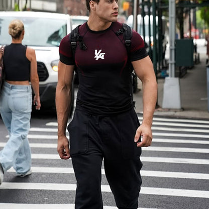 YOUNGLA's new American style running, sports and casual short-sleeved T-shirt for training and fitness, quick-drying, elastic an