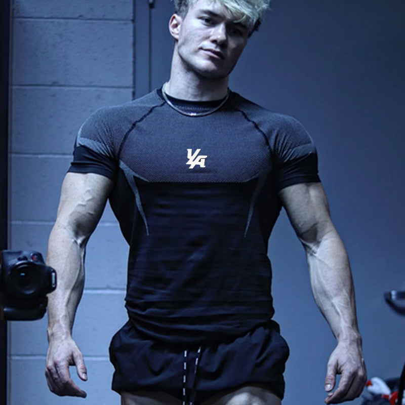 YOUNGLA's new American style running, sports and casual short-sleeved T-shirt for training and fitness, quick-drying, elastic an