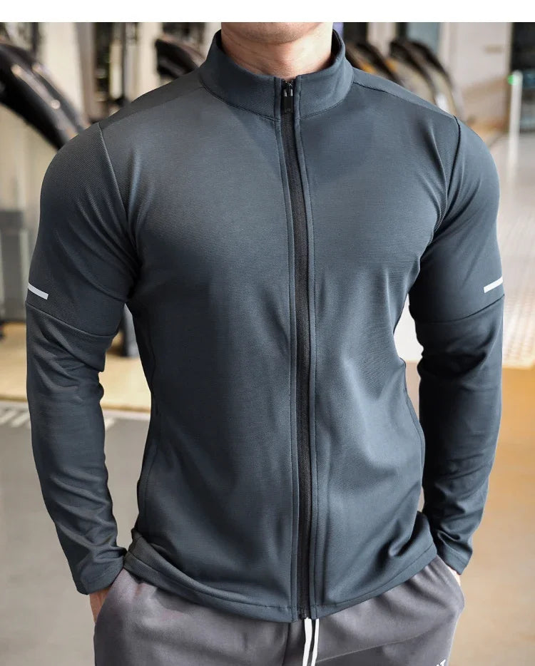 Men's Sports Fitness Casual Tops Long Sleeve Stand Up Collar Solid Colour Jacket Jogging Workout Sweatshirt with Zip Long Sleeve