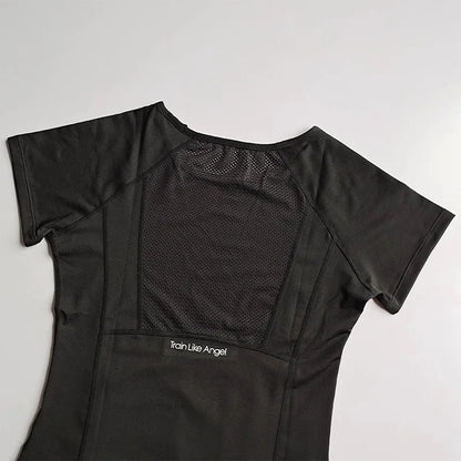 Women's sports and fitness short sleeved shirt, round neck pullover, mesh breathable quick drying yoga and fitness T-shirt