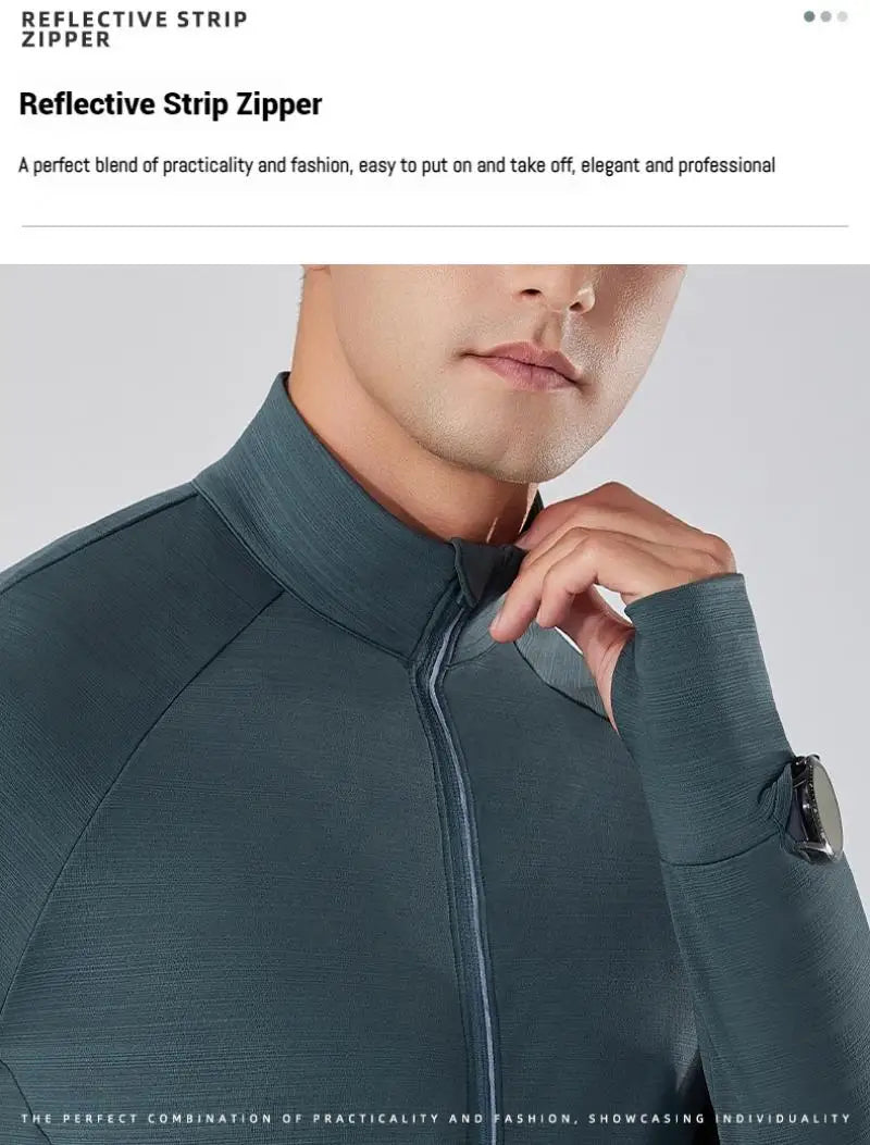 Mens Reflective Zip Stand Collar Running Jacket UPF50+ Sportwear for Jogging Gym Exercise Training Covered Thumbhole& Watch Cuff