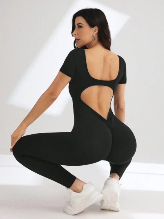 One piece seamless spandex U-neck short sleeved bodysuit with hip lifting, gym clothing, women's fitness jumpsuit