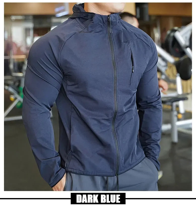 High Quality Nylon Sport Coat Mens Gym Fitness Hoodies Outdoor Workout Tops Hooded Training Running Zipped Jacket Clothes