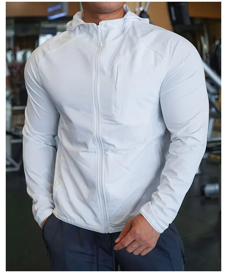 High Quality Nylon Sport Coat Mens Gym Fitness Hoodies Outdoor Workout Tops Hooded Training Running Zipped Jacket Clothes