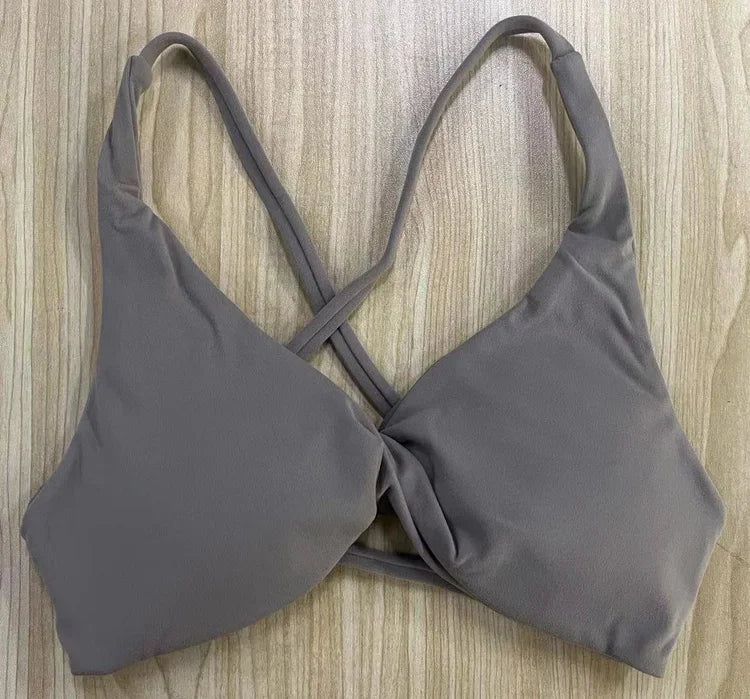 SHINBENE Front Twist Padded Cross Strap Sports Bra Sexy Back Fitness Sleeveless Short Top Yoga Sports Bra