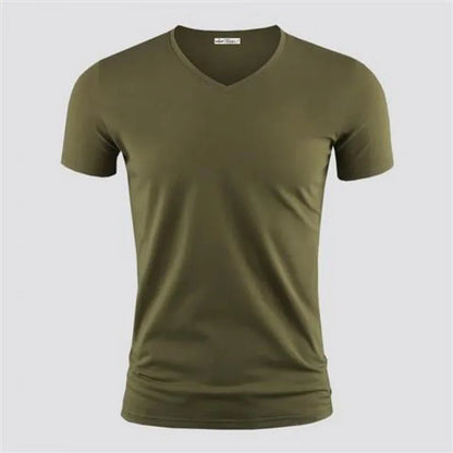 2025 Men's T Shirt Pure Color V Collar Short Sleeved Tops Tees Men T-Shirt Black Tights Man T-Shirts Fitness For Male Clothes