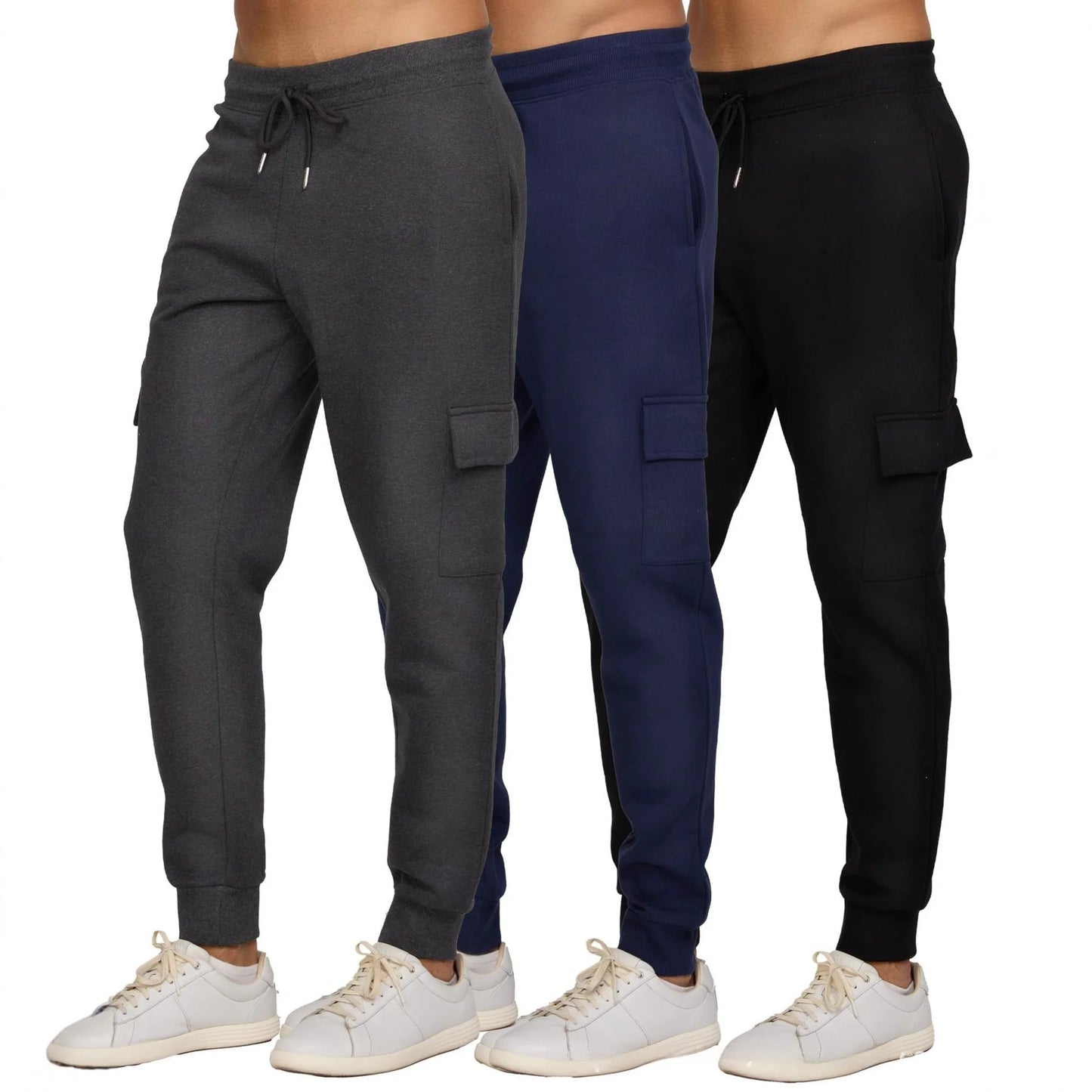 Men's Casual Fitness Long Pants Fleece Lined Cuffed Running Trousers Multi Pocket Workwear Sports Pants Low Waist Slim Fit