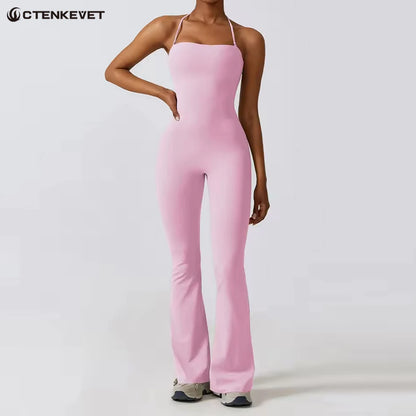 Ctenkevet Women Sleeveless Yoga Jumpsuit Female Gym Flared Overalls Neck-hanging Backless Sportswear Sport Outfit For Woman