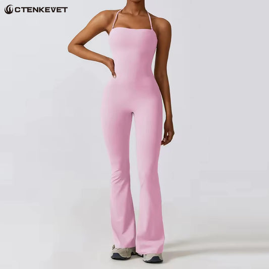 Ctenkevet Women Sleeveless Yoga Jumpsuit Female Gym Flared Overalls Neck-hanging Backless Sportswear Sport Outfit For Woman