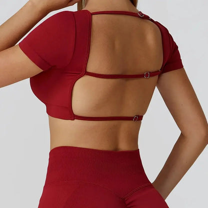 Seamless Women's Yoga Crop Top Sport Short Sleeve T Shirts Fitness Clothes New Yoga Shirt Gym Sexy Backless Top Quick Drying Top