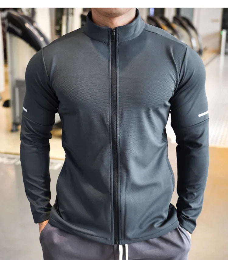 Men's Sports Fitness Casual Tops Long Sleeve Stand Up Collar Solid Colour Jacket Jogging Workout Sweatshirt with Zip Long Sleeve