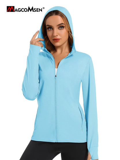 MAGCOMSEN Spring Lightweight Jackets Women's UPF 50+ Sun Protection Hooded Zip Shirts Running Athletic Tops Thumb Holes Hiking