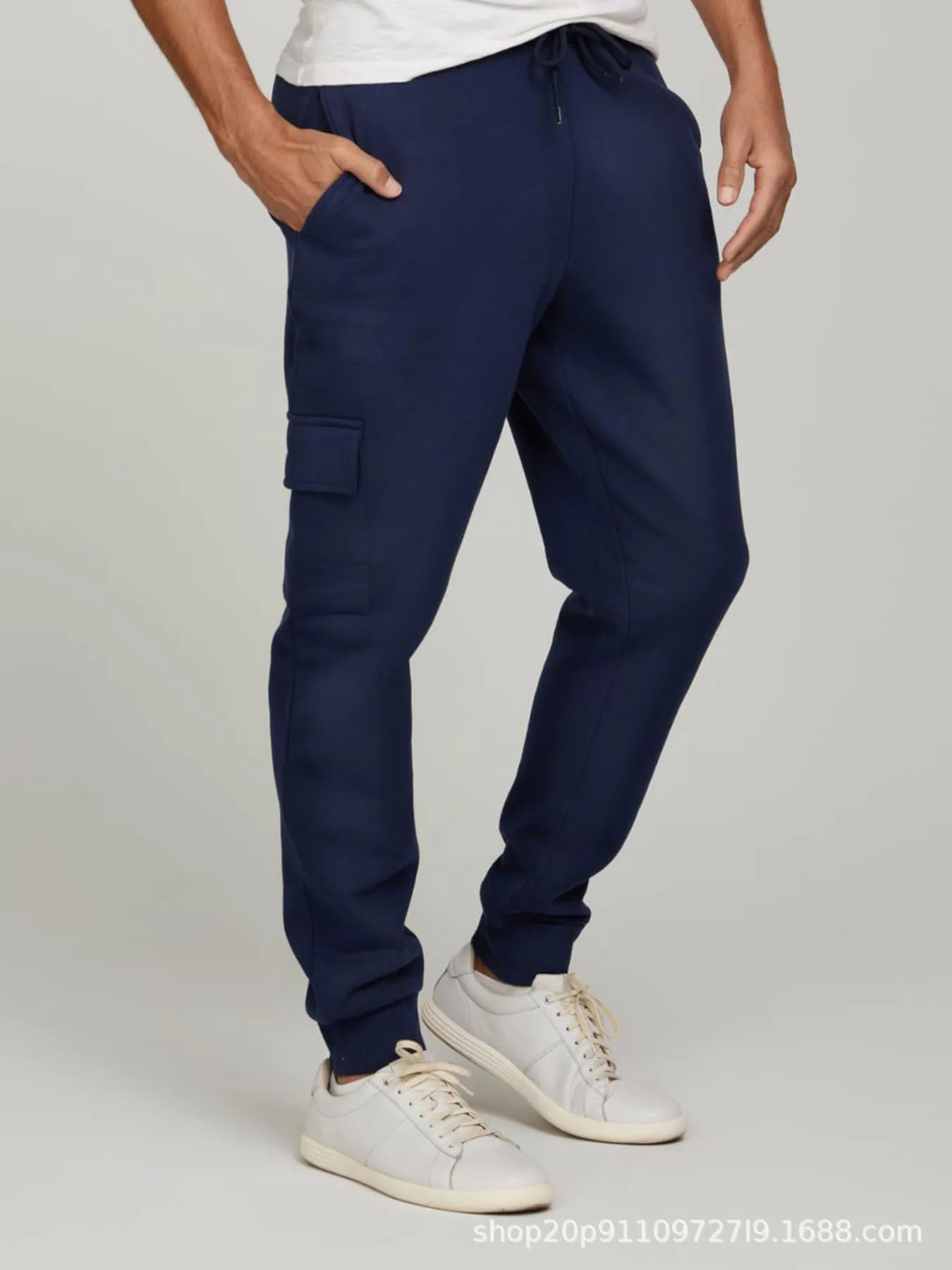 Men's Casual Fitness Long Pants Fleece Lined Cuffed Running Trousers Multi Pocket Workwear Sports Pants Low Waist Slim Fit