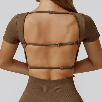 Seamless Women's Yoga Crop Top Sport Short Sleeve T Shirts Fitness Clothes New Yoga Shirt Gym Sexy Backless Top Quick Drying Top