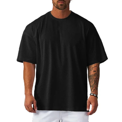 Plain Oversize Loose Short Sleeve T-shirts Gym Fitness Bodybuilding Shirts Mesh Breathable Quick Dry Dropped Shoulders Mens Tops