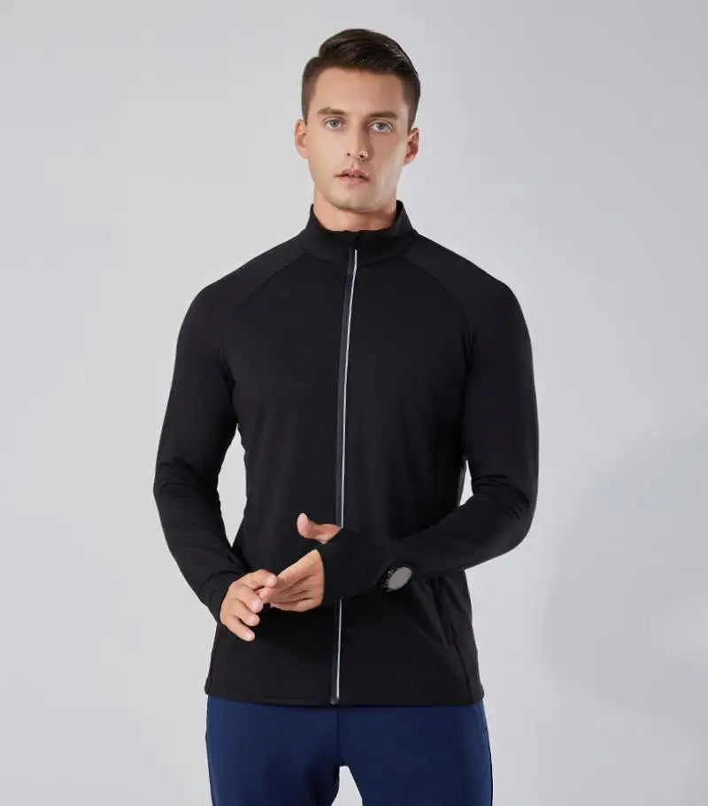 Mens Reflective Zip Stand Collar Running Jacket UPF50+ Sportwear for Jogging Gym Exercise Training Covered Thumbhole& Watch Cuff
