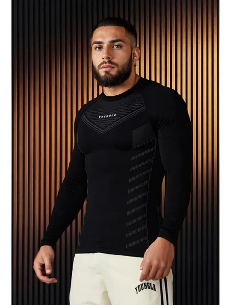 Spring Autumn Men Slim Fit Casual Elastic Training Top Long Sleeve T-shirt Fitness Sports Milk Silk Material Running Fitness