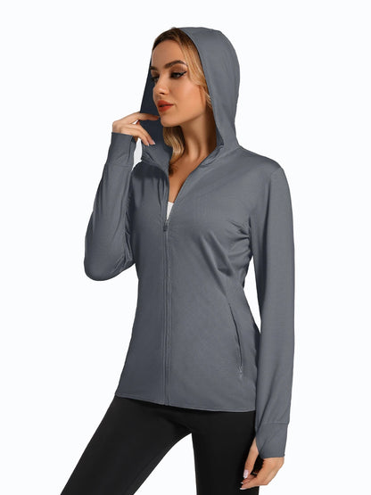 MAGCOMSEN Spring Lightweight Jackets Women's UPF 50+ Sun Protection Hooded Zip Shirts Running Athletic Tops Thumb Holes Hiking