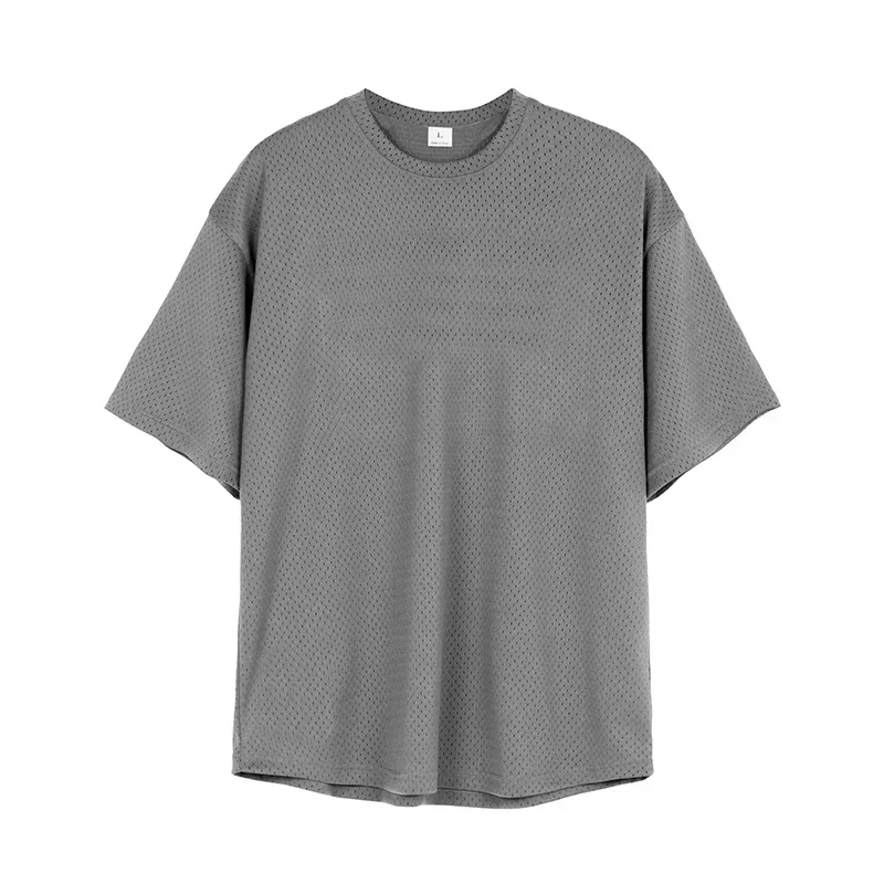 Plain Oversize Loose Short Sleeve T-shirts Gym Fitness Bodybuilding Shirts Mesh Breathable Quick Dry Dropped Shoulders Mens Tops