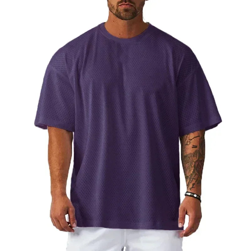 Plain Oversize Loose Short Sleeve T-shirts Gym Fitness Bodybuilding Shirts Mesh Breathable Quick Dry Dropped Shoulders Mens Tops