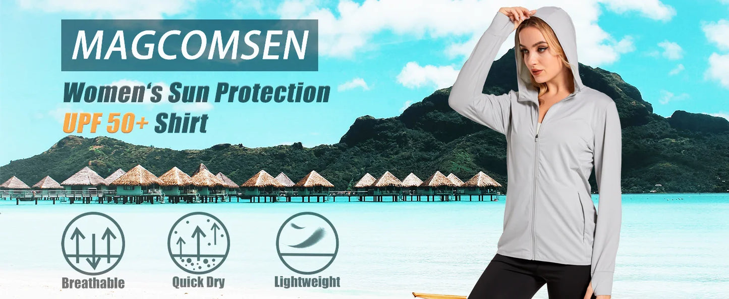 MAGCOMSEN Spring Lightweight Jackets Women's UPF 50+ Sun Protection Hooded Zip Shirts Running Athletic Tops Thumb Holes Hiking