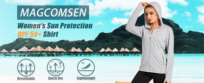 MAGCOMSEN Spring Lightweight Jackets Women's UPF 50+ Sun Protection Hooded Zip Shirts Running Athletic Tops Thumb Holes Hiking
