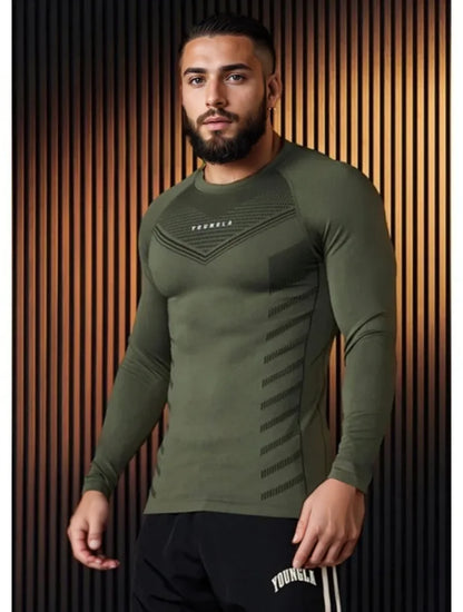 Spring Autumn Men Slim Fit Casual Elastic Training Top Long Sleeve T-shirt Fitness Sports Milk Silk Material Running Fitness