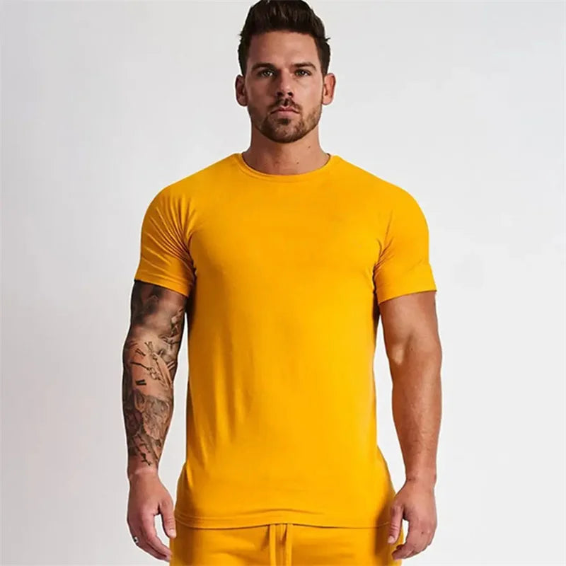 Men's Gym tshirt Men Running Sport T-shirt Fitness Bodybuilding Cotton Slim Tee shirt Tops Summer Male Jogging Training Clothing