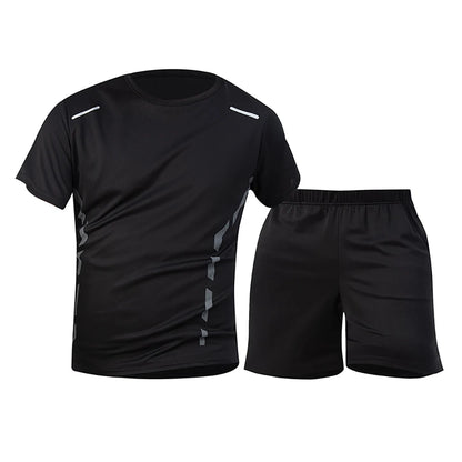 2-Piece Men's Summer Quick drying Sports Suit Loose And Breathable Short Sleeved T-shirt Running And Fitness Black Pocket Shorts