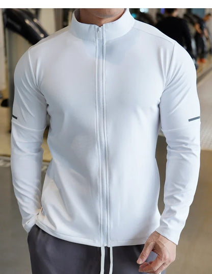 Men's Sports Fitness Casual Tops Long Sleeve Stand Up Collar Solid Colour Jacket Jogging Workout Sweatshirt with Zip Long Sleeve