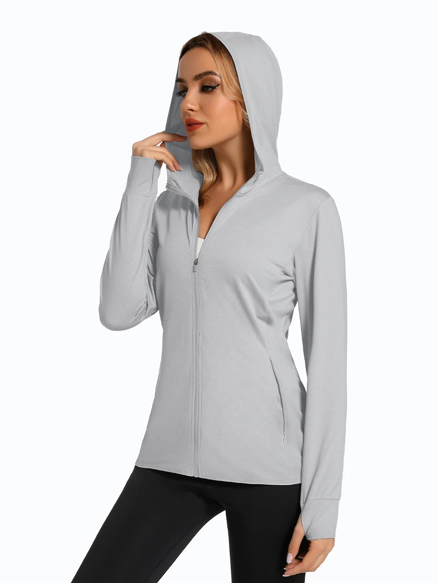 MAGCOMSEN Spring Lightweight Jackets Women's UPF 50+ Sun Protection Hooded Zip Shirts Running Athletic Tops Thumb Holes Hiking