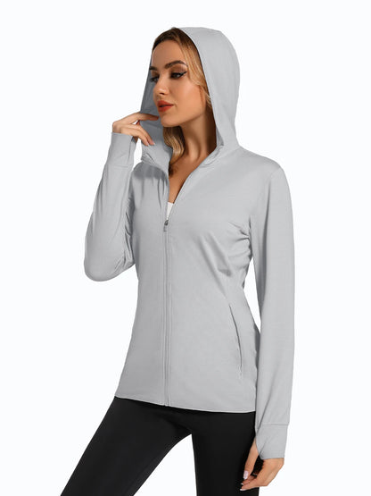 MAGCOMSEN Spring Lightweight Jackets Women's UPF 50+ Sun Protection Hooded Zip Shirts Running Athletic Tops Thumb Holes Hiking