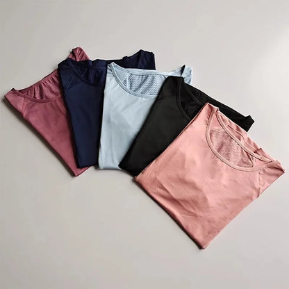 Women's sports and fitness short sleeved shirt, round neck pullover, mesh breathable quick drying yoga and fitness T-shirt