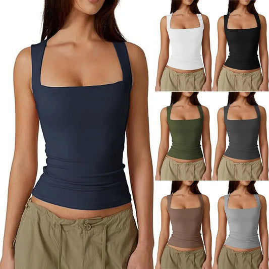 European and American women's street style spicy girl fashion square neck slim fit sleeveless vest for women