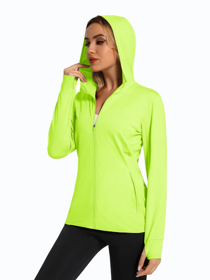 MAGCOMSEN Spring Lightweight Jackets Women's UPF 50+ Sun Protection Hooded Zip Shirts Running Athletic Tops Thumb Holes Hiking