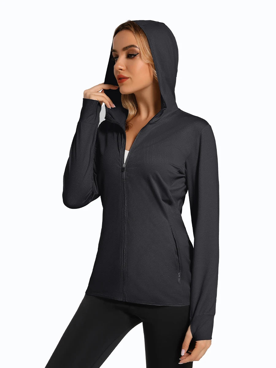 MAGCOMSEN Spring Lightweight Jackets Women's UPF 50+ Sun Protection Hooded Zip Shirts Running Athletic Tops Thumb Holes Hiking