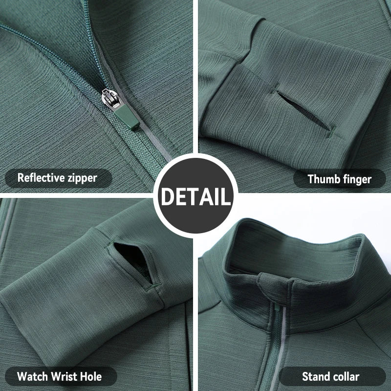 Mens Reflective Zip Stand Collar Running Jacket UPF50+ Sportwear for Jogging Gym Exercise Training Covered Thumbhole& Watch Cuff