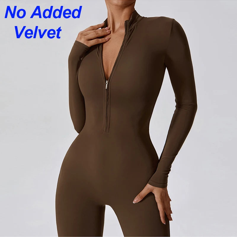 Warm Thin Fleece Jumpsuits Women's Tracksuit Winter One-Piece Sports Suit Black Fitness Jumpsuit Long Sleeves Workout Bodysuit